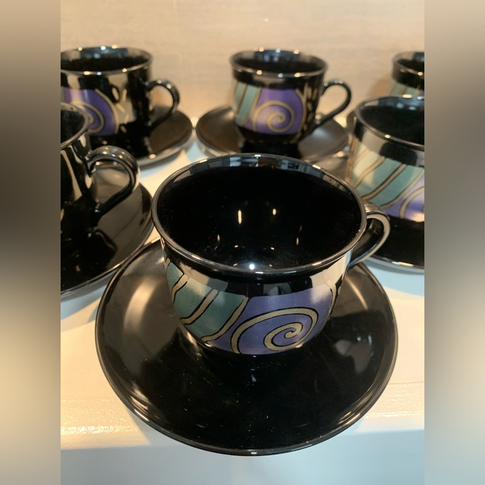 Arcoroc Tampico VTG Black Multi Pattern Coffee Cups & Saucers Set of 12 France - Picture 5 of 5